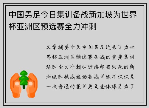 中国男足今日集训备战新加坡为世界杯亚洲区预选赛全力冲刺